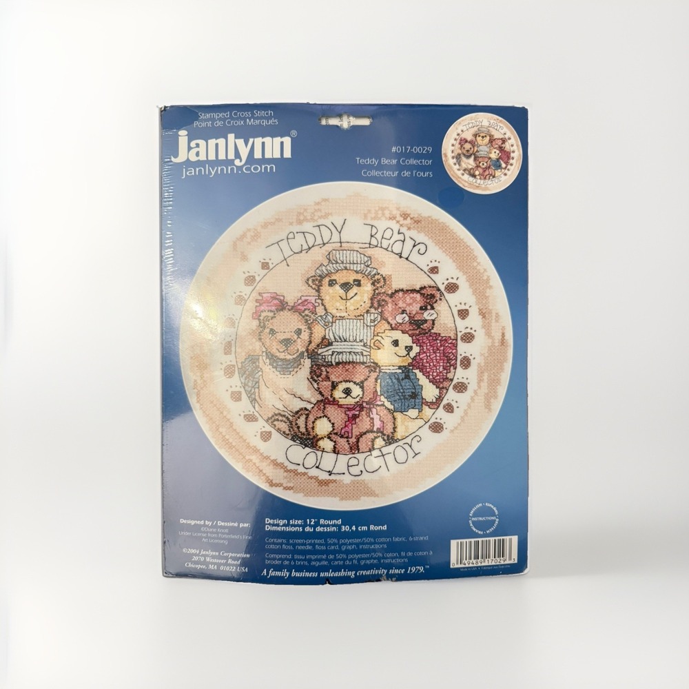 Janlynn Teddy Bear Collector Stamped Cross Stitch Kit 12" Round Includes Floss